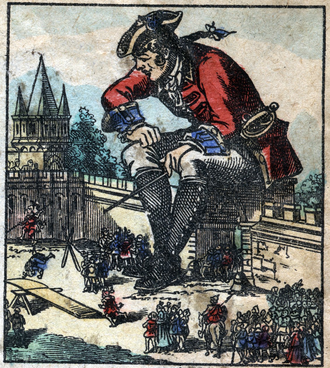 Lemuel Gulliver som sitter på stadens befästningsmur förklarar strategin för Lilliputian-armén. Illustration för "" Gulliver