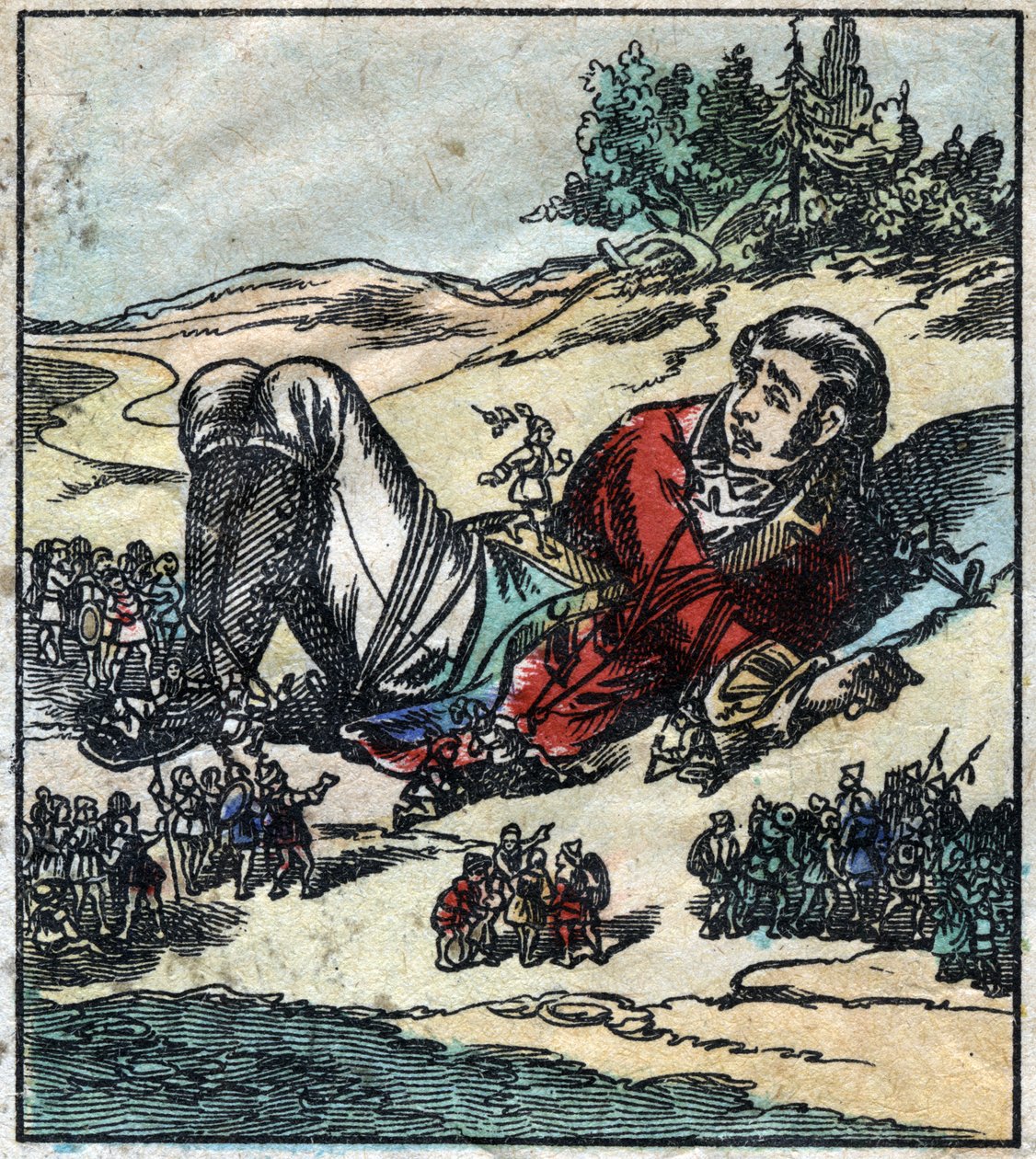 Lemuel Gulliver vaknade efter sitt skeppsbrott och togs till fånga av lilliputerna. Illustration för "" Gulliver