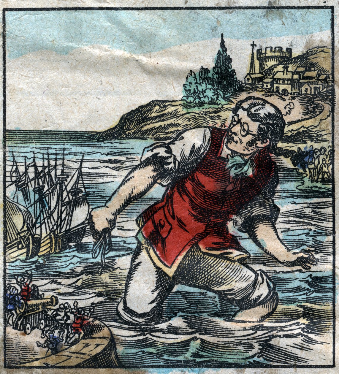 Lemuel Gullliver avfyrade fartygen från Blefuscu-armén till huvudstadshamnen Lilliput. Illustration för "" Gulliver