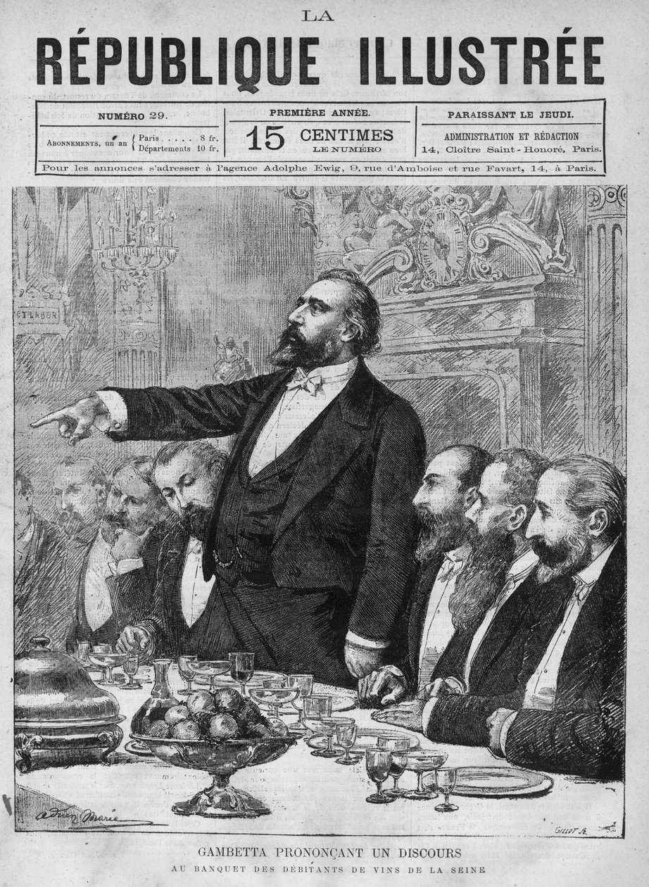 Leon Gambetta (1838-1882) håller ett tal vid banketten för vindebitarna på Seine. En tidning. Gravyr från 1880 i "La republique illustree"" privat samling. av French School