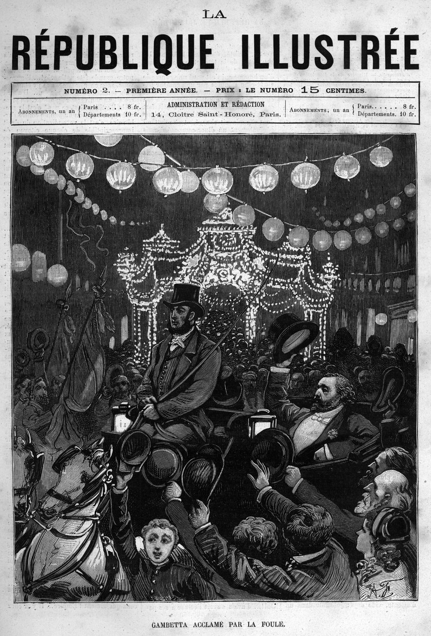 Leon Gambetta (1838-1882) hälsar statyn på Place de la Republique i Paris. En tidning. Gravyr från 1880 i "La republique illustree"" privat samling. av French School