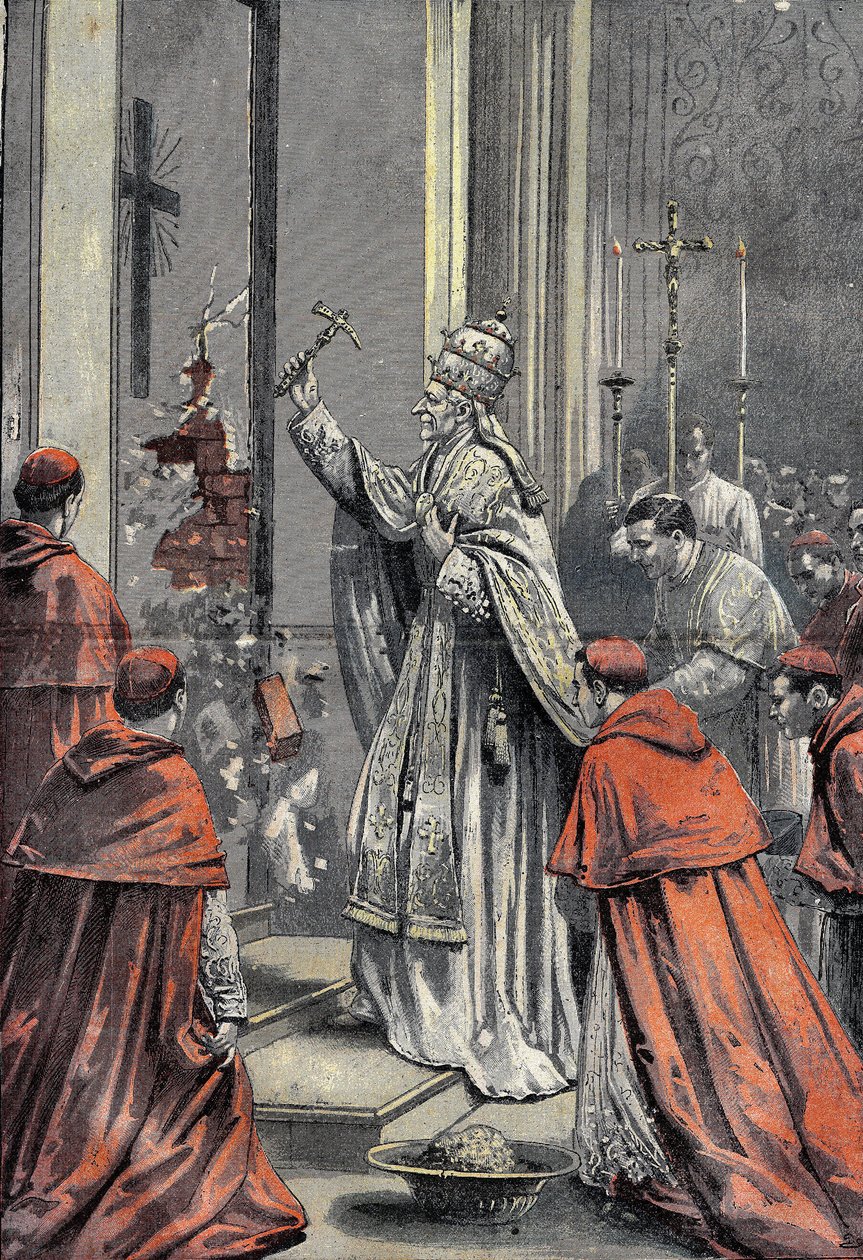 Leon XIII, ne Vincenzo Gioacchino Raffaele Luigi Pecci (1810-1903), den katolska kyrkans 256:e påve, vapen från en guldhammare, öppnar jubileumsdörren i Sankt Peter (S:t Peter) i Vatikanen den 24 december 1899. Gravyr i "" Le Pelerin 1899-12-31. av French School