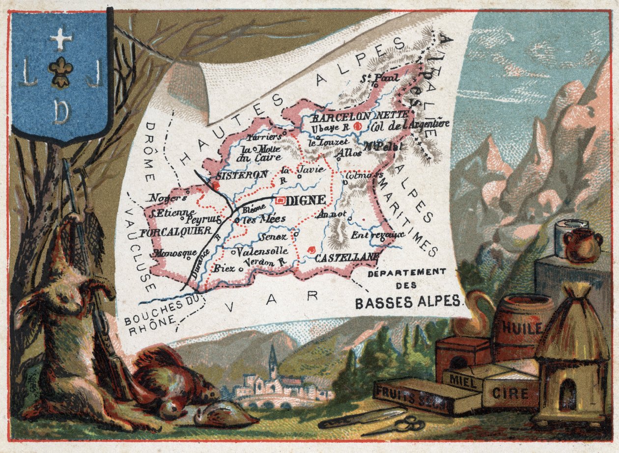 Les Basse Alpes (Basse-Alpes), Idag avdelning av Alpes-de-Haute-Provence (Alpes de Haute-Provence 04), Frankrike. Lokal specialitet: jakt, vax, honung, torkad frukt och olja. Serie om de franska departementen. Chromolithography (Chromo) "" den geografiska av French School