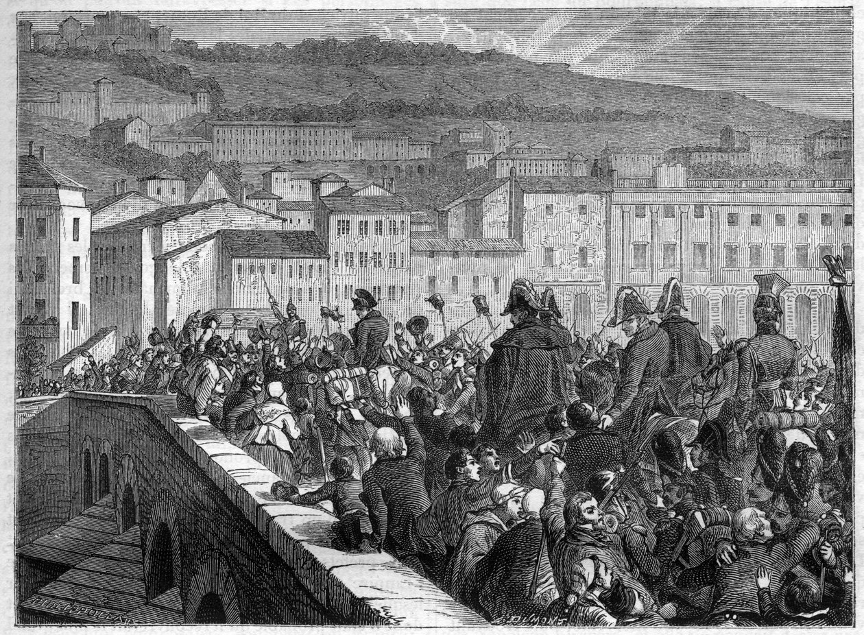 De hundra dagarna: Napoleons triumferande entré till Lyon den 10 mars 1815 - i "Imperiets historia efter konsulatets historia" av Adolphe Thiers - 1879 - privat samling av French School