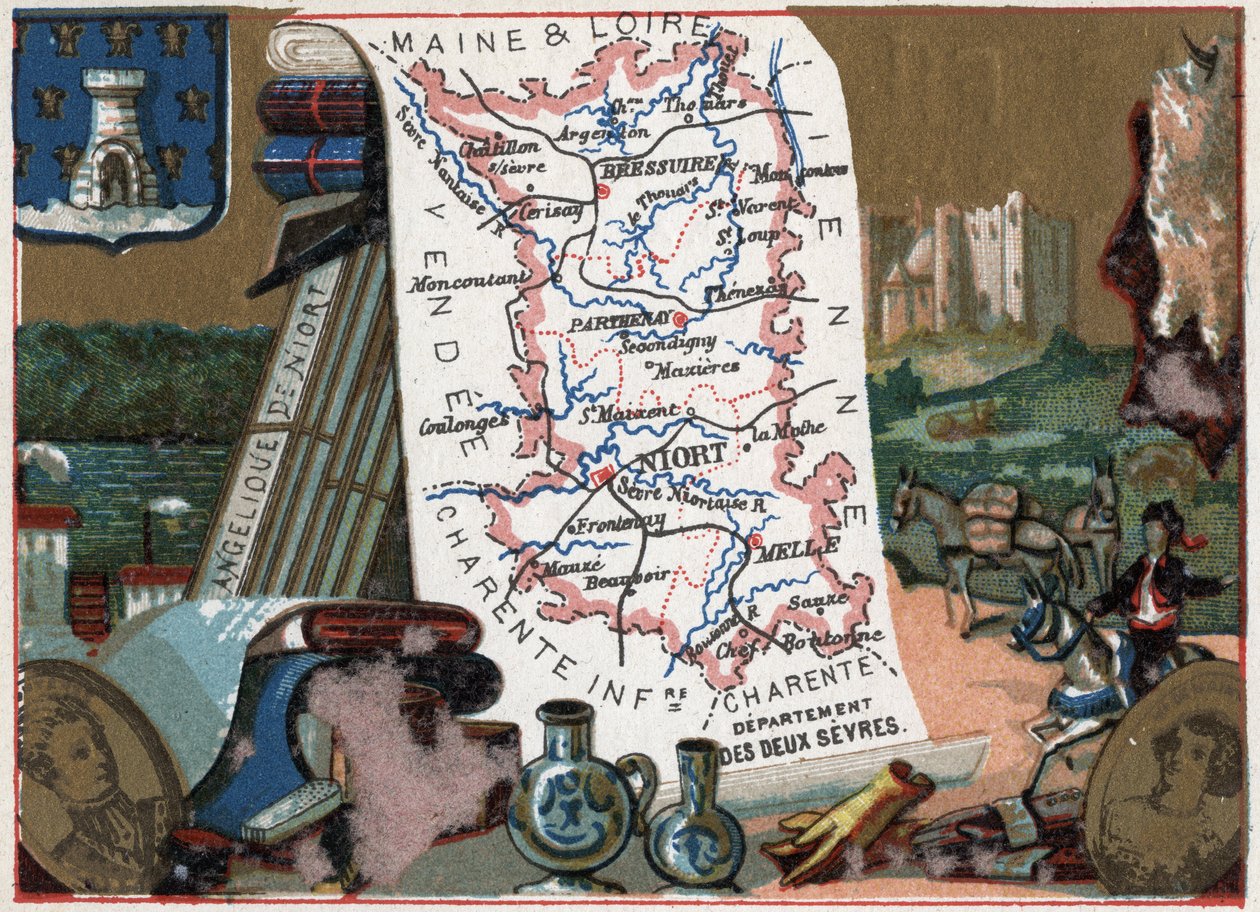 Les Deux Sevres (Deux-Sevres, 79), Poitou Charente (Poitou-Charente), Frankrike. Niorts ängla. Serie om de franska departementen. Kromolitografi (Chromo) "" den geografiska tråden"", ca 1920. Privat samling. av French School