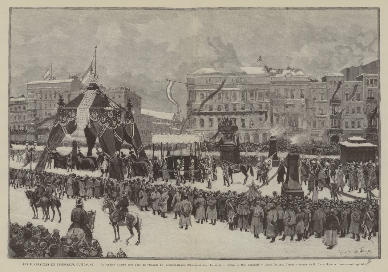 Kejsar Wilhelms begravning, kortegen passerar under triumfbågen på Friedrichstrasse, Promenade des Tilleuls (gravyr) av French School