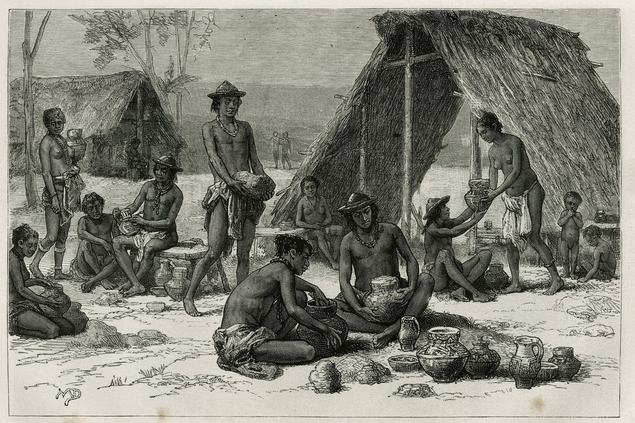 Les Indiens Galibis (eller Kalinas) tillverkar keramik, gravyr av D. Maillart, för att illustrera upptäcktsfärden i det inre av Guyana av Dr. Jules Crevaux, doktor vid franska flottan, 1876-1877, publicerad i tour du monde , under ledning o av French School