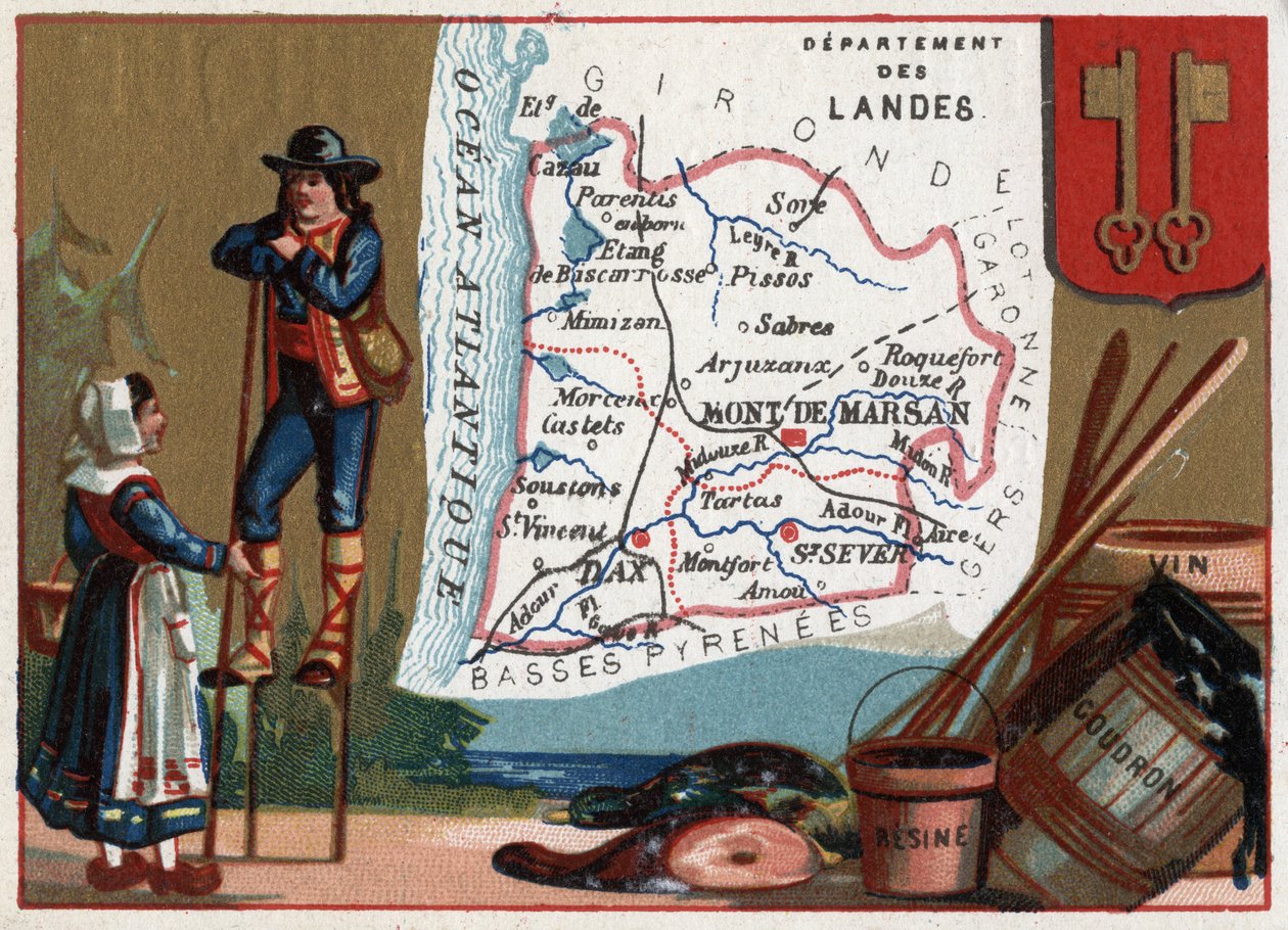 Les Landes (40), Aquitaine, Frankrike. Serie om de franska departementen. Lokal specialitet: tjära och vinkåda. Landes herde. Kromolitografi (Chromo) "" den geografiska tråden"", ca 1920. Privat samling. av French School