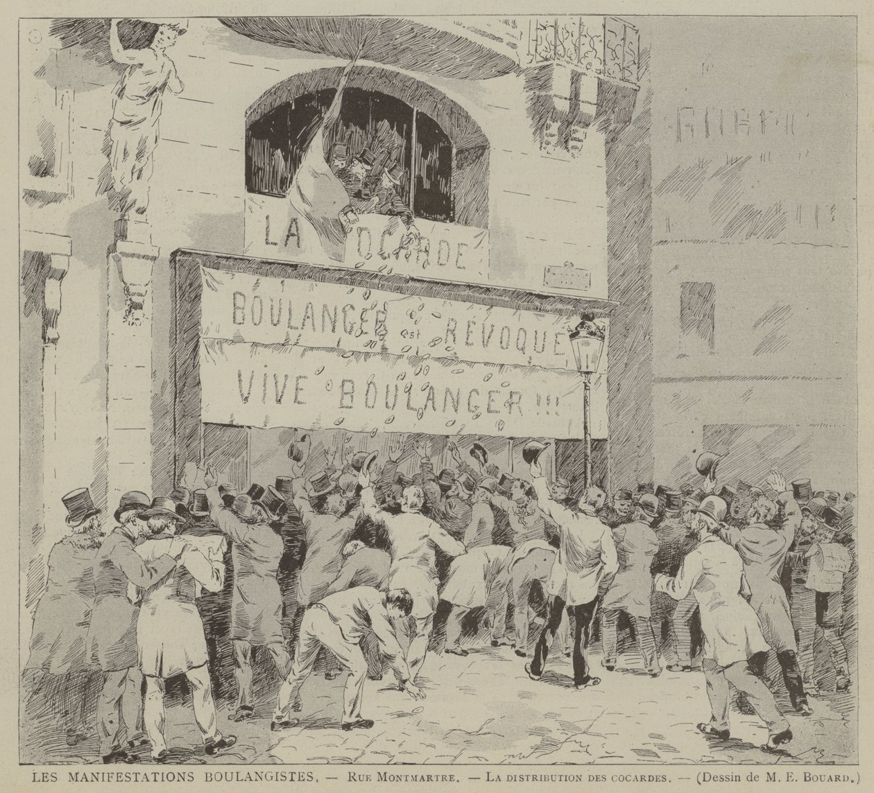 Les Manifestations Boulangistes, Rue Montmartre, La distribution des cocardes (gravyr) av French School