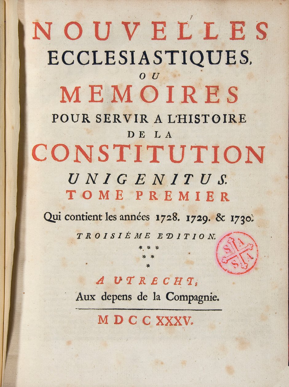 Ecclesiastic News or Memoirs to serve the history of the constitution Unigenitus publication weekly french jansenist. 1735. Bibliotek i Port-Royal. Paris. av French School