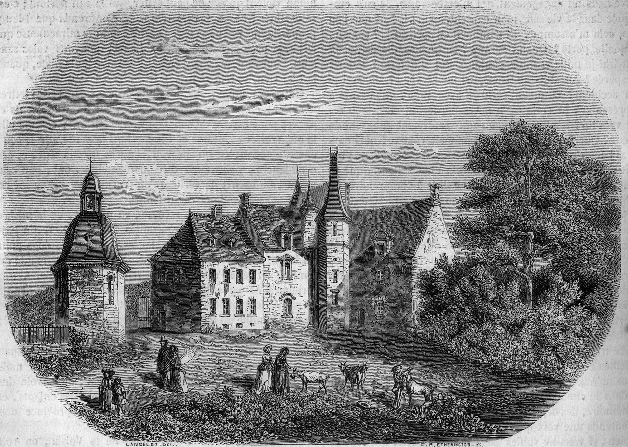 Les Rochers, hem för Madame de Sevigne (Marie de Rabutin-Chantal eller Rabutin Chantal, Marquise de Sevigne dit) (1626-1696). Glass, Island och Vilaine (35). Gravyr av Lancelot i ""The Picturesque Store"" av French School