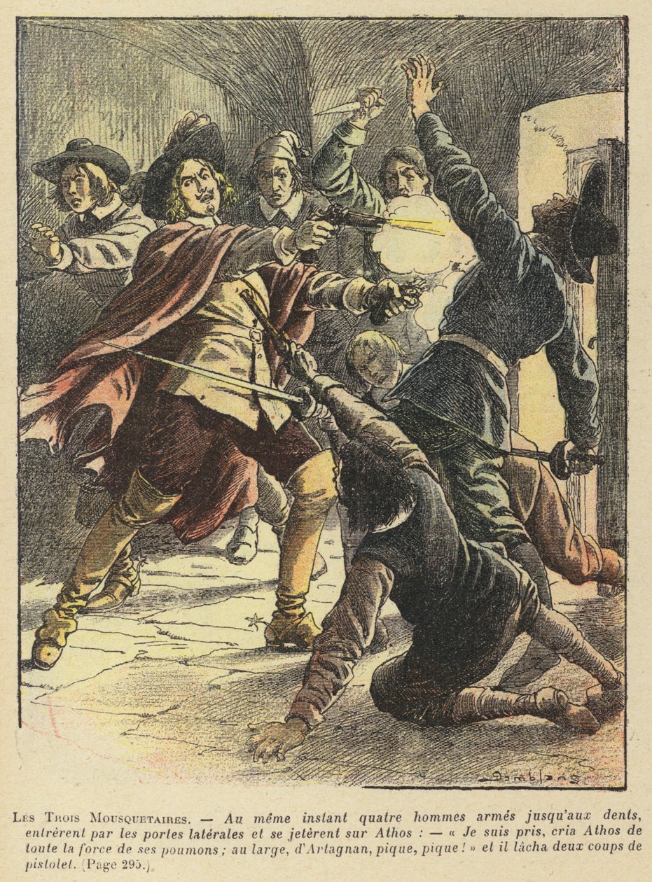 De tre musketörerna av Alexandre Dumas (färglitografi) av French School