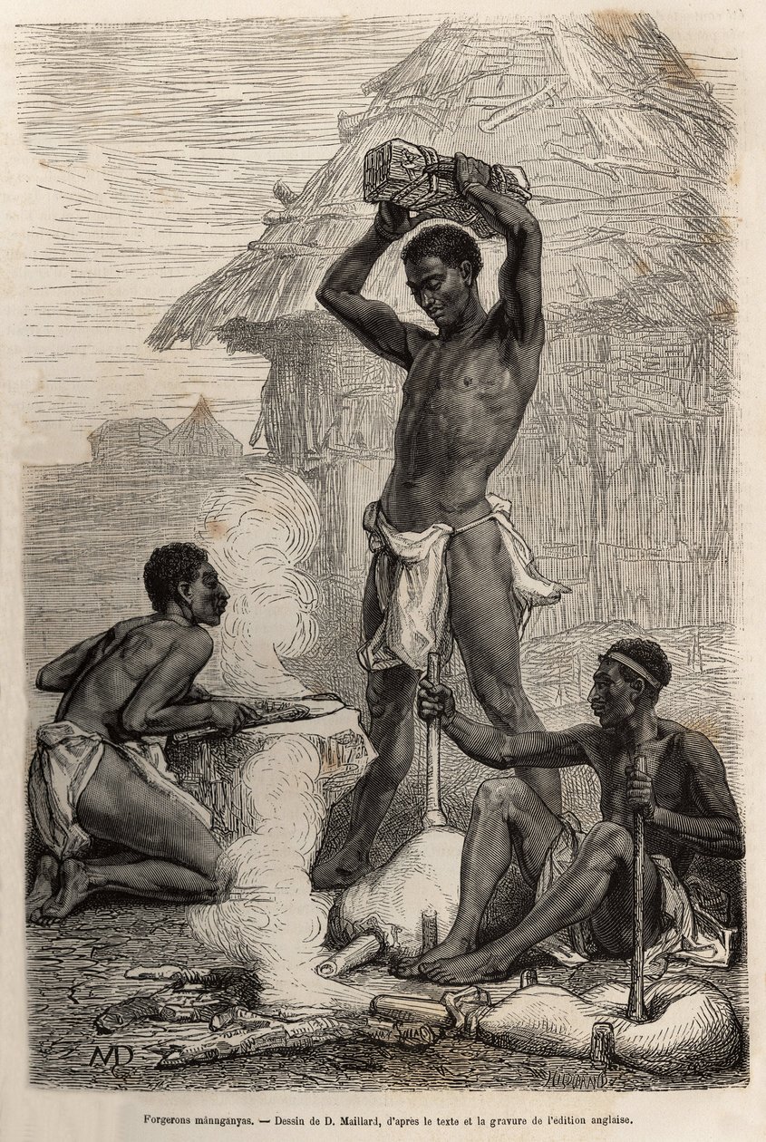 Les blacksmiths mannganyas, i en by längs Loualabafloden (dagens Kongoflod), graverad efter en teckning av D.Maillard, som illustrerar David Livingstones sista dagbok (1813-1873), 1866-1873, publicerad i "" Le tour du monde”” 1875, utg. av av French School