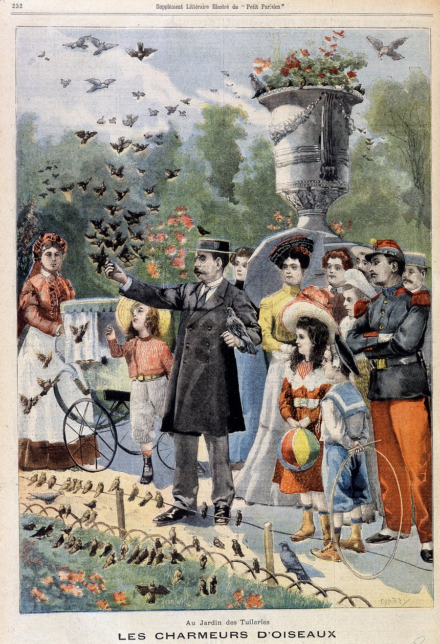 Fågeltjusarna i Jardin des Tuileries - i "Le Petit Parisien"” från 1901-07-21 (gravyr) av French School