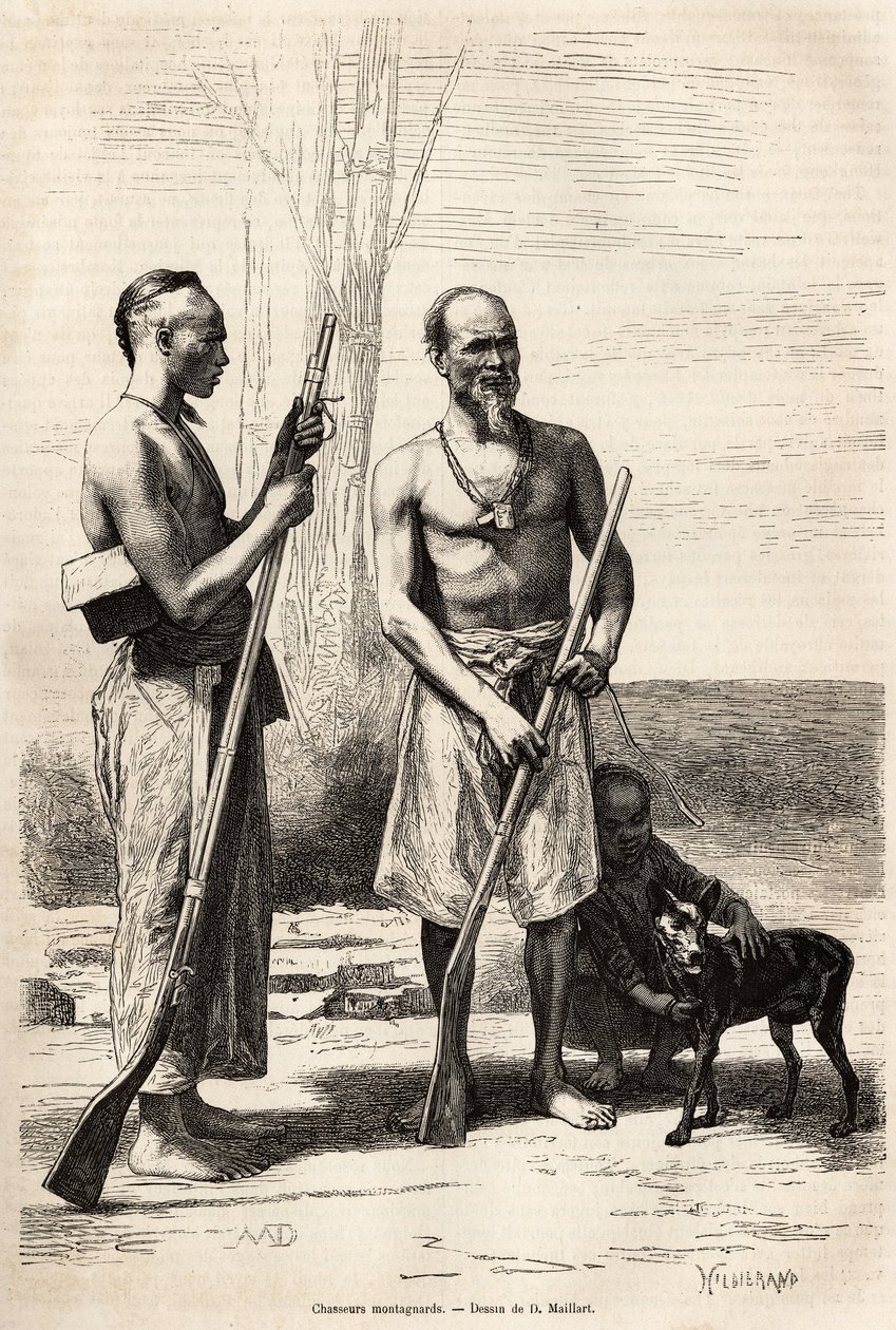 Bergsjägarna på Formosa Island, graverade efter en teckning av D. Maillard, som illustrerar resan till Kina, av J. Thompson, 1870-1872, publicerad i "" Le tour du monde""" 1875, redigerad av Edouard Charton, Hachette-upplagan, Paris. Selva Collecti av French School