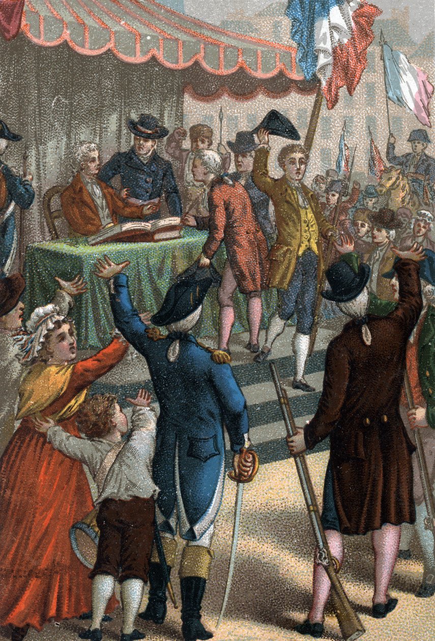 Frivilliga anmälningar (framför teatern i Odeon, Paris), La Patrie en danger, 22 juli 1792. av French School
