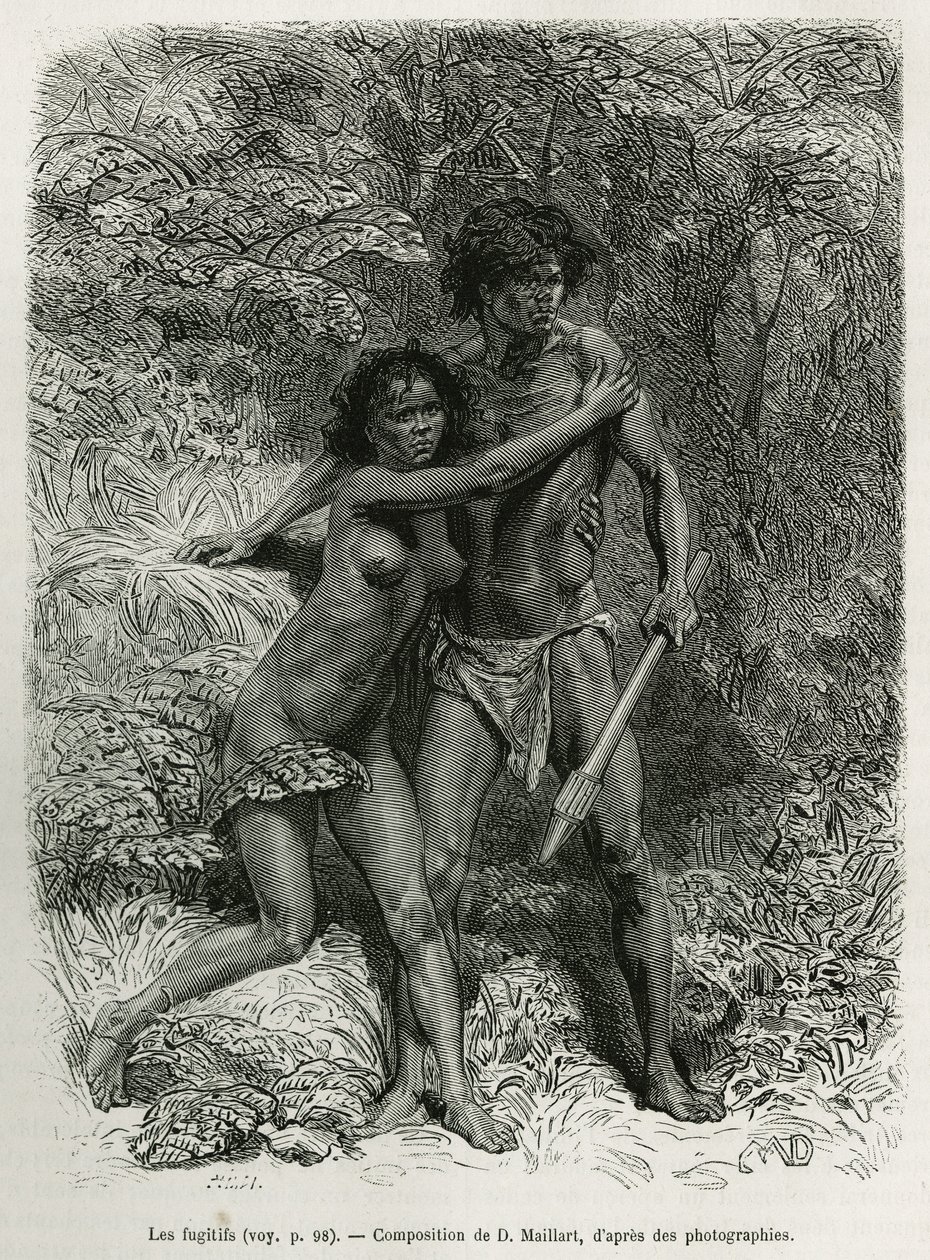 Les fugitives aborigenes, gravyr efter en teckning av D.Maillart, för att illustrera berättelsen sex månader i Australien, av Desire Charnay, ett uppdrag från ministeriet för allmän utbildning, 1878, publicerad i tour du monde, under ledning av av French School