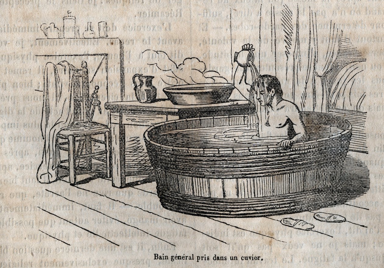 Badgester - Hygien på 1800-talet - bad i skål - gravyr i "La Sante Universelle - Guide Medical des Familles" 1852 av French School