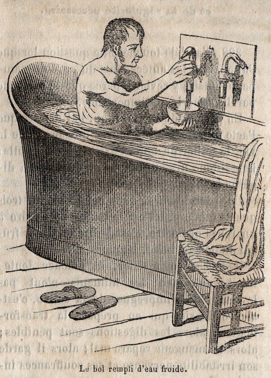 Badgester - Hygien på 1800-talet - man i ett badkar - gravyr i "La Sante Universelle - Guide Medical des Familles" 1852 av French School