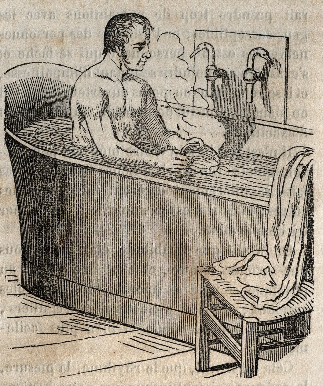Badgester - Hygien på 1800-talet - man i ett badkar - gravyr i "La Sante Universelle - Guide Medical des Familles" 1852 av French School
