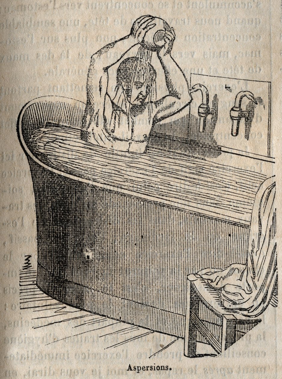 Badgester - Hygien på 1800-talet - man i ett badkar - gravyr i "La Sante Universelle - Guide Medical des Familles" 1852 av French School