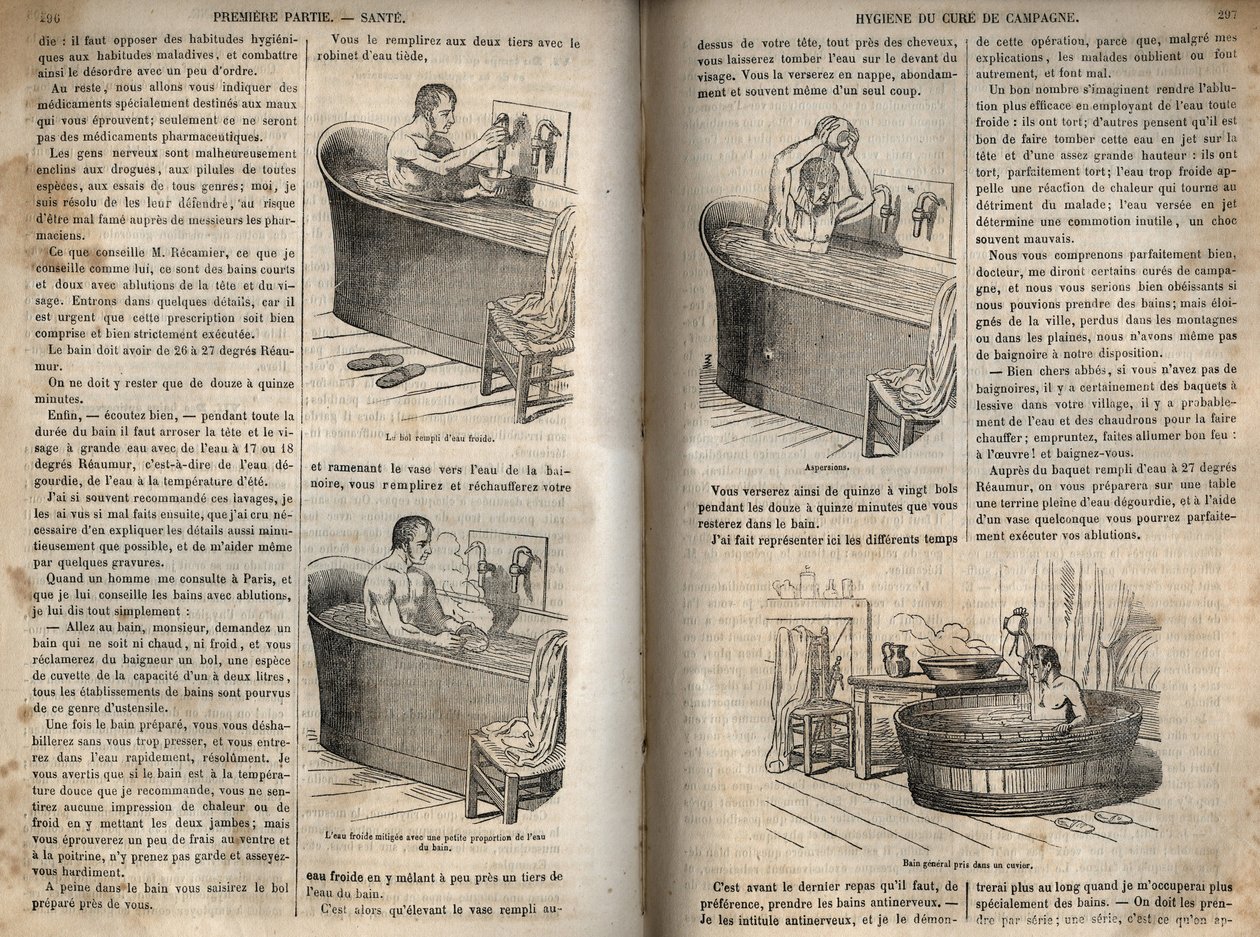Badgester - Hygien på 1800-talet - man i ett badkar - gravyr i "La Sante Universelle - Guide Medical des Familles" 1852 av French School