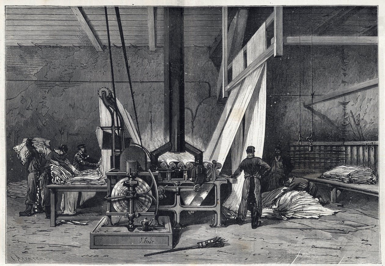 De stora fabrikerna - Färgning av erie Boutarel i Clichy la Garenne - Le mesh des Etoffes - gravyr från 1869 av French School