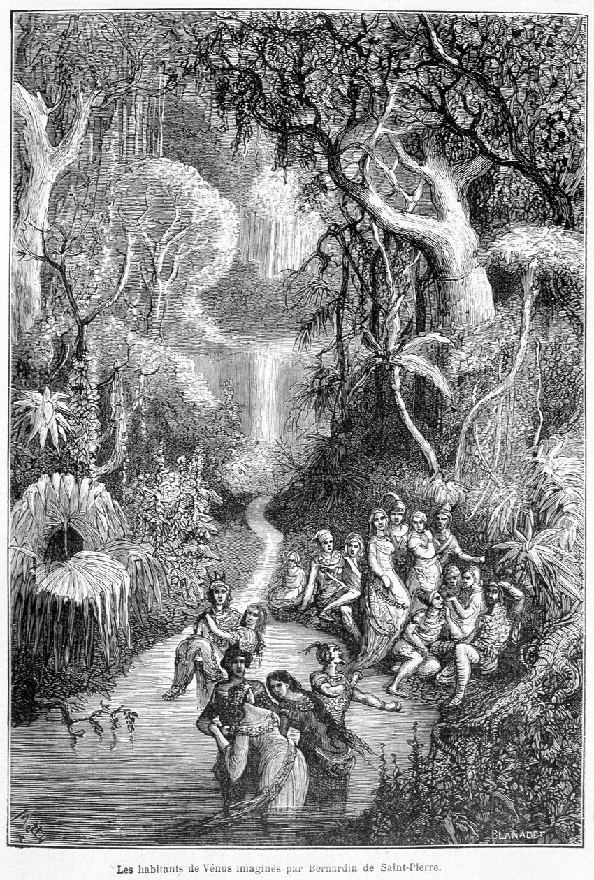 Invånarna på Venus föreställda av Henri Bernardin de Saint Pierre (Saint-Pierre eller St-Pierre), fransk författare (1737-1814) - i "Himlens länder" av Camille Flammarion, red. Marpon & Flammarion, Paris av French School