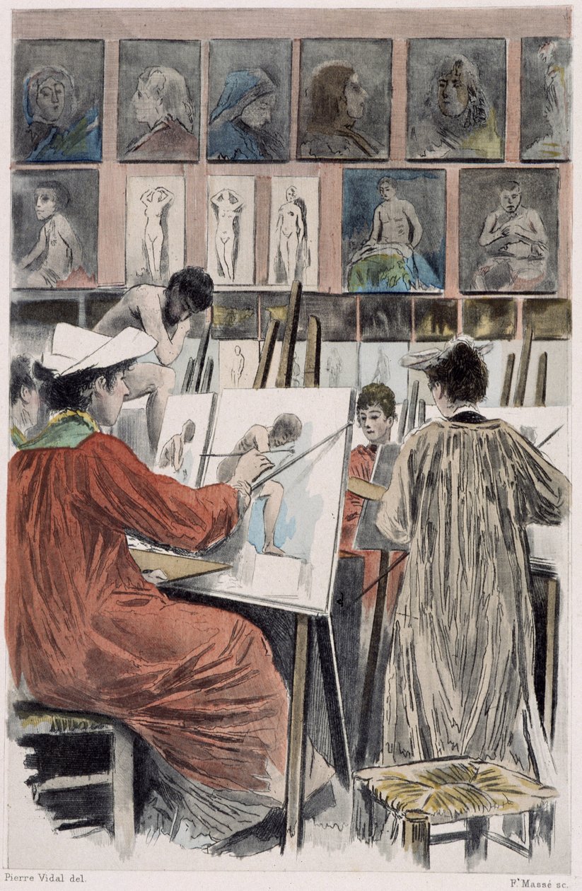 Les paintresses: atelier de dames - i "" Nos contemporains "" av Pierre Vidal av French School
