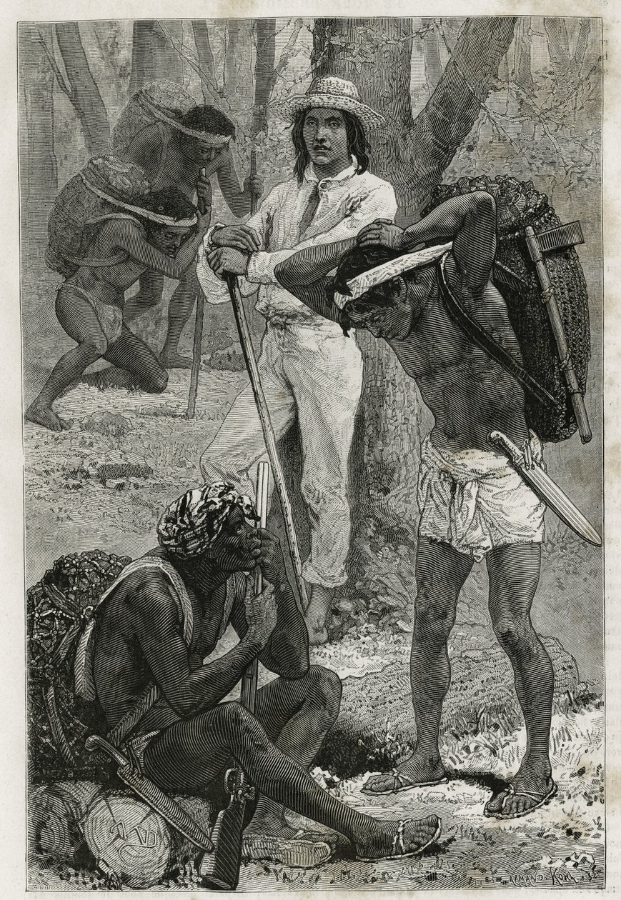 Les porters (caucheros), i Darien (regionen i östra Panama), gravering efter en teckning av D. Maillart, för att illustrera berättelsen Exploration at the isthms of Panama and Darien, av A. Reclus, skeppslöjtnant, från 1876 till 1878 , publicerad i tour du av French School
