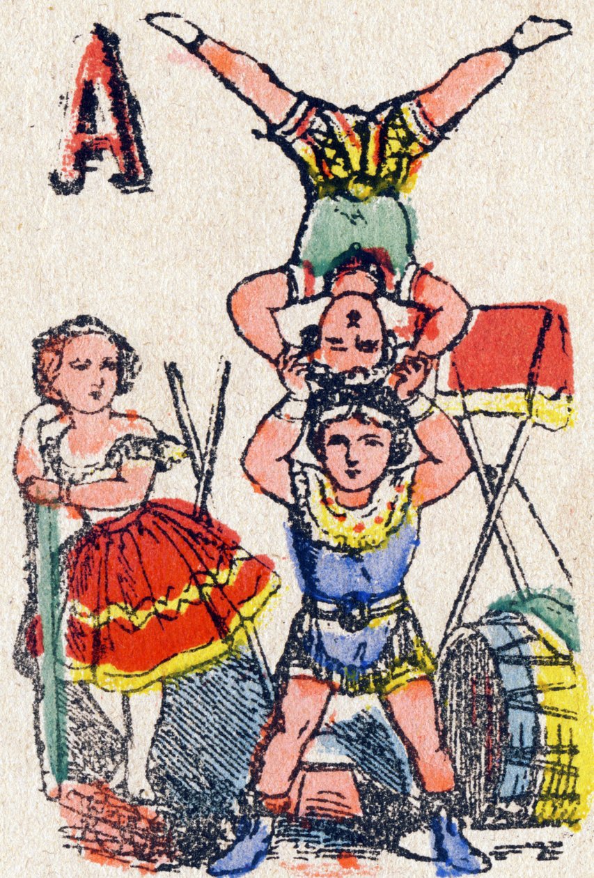 Bokstaven A Akrobater. Gravyr i "Alphabet des jeux"". Herr Vagne, redaktör, Pont-a-Mousson, sent 1800-tal. Rosa serie. 12 sidor. Album som innehåller en förenklad läsmetod och en illustrerad abecedary. Mått: 16,5x11 cm av French School
