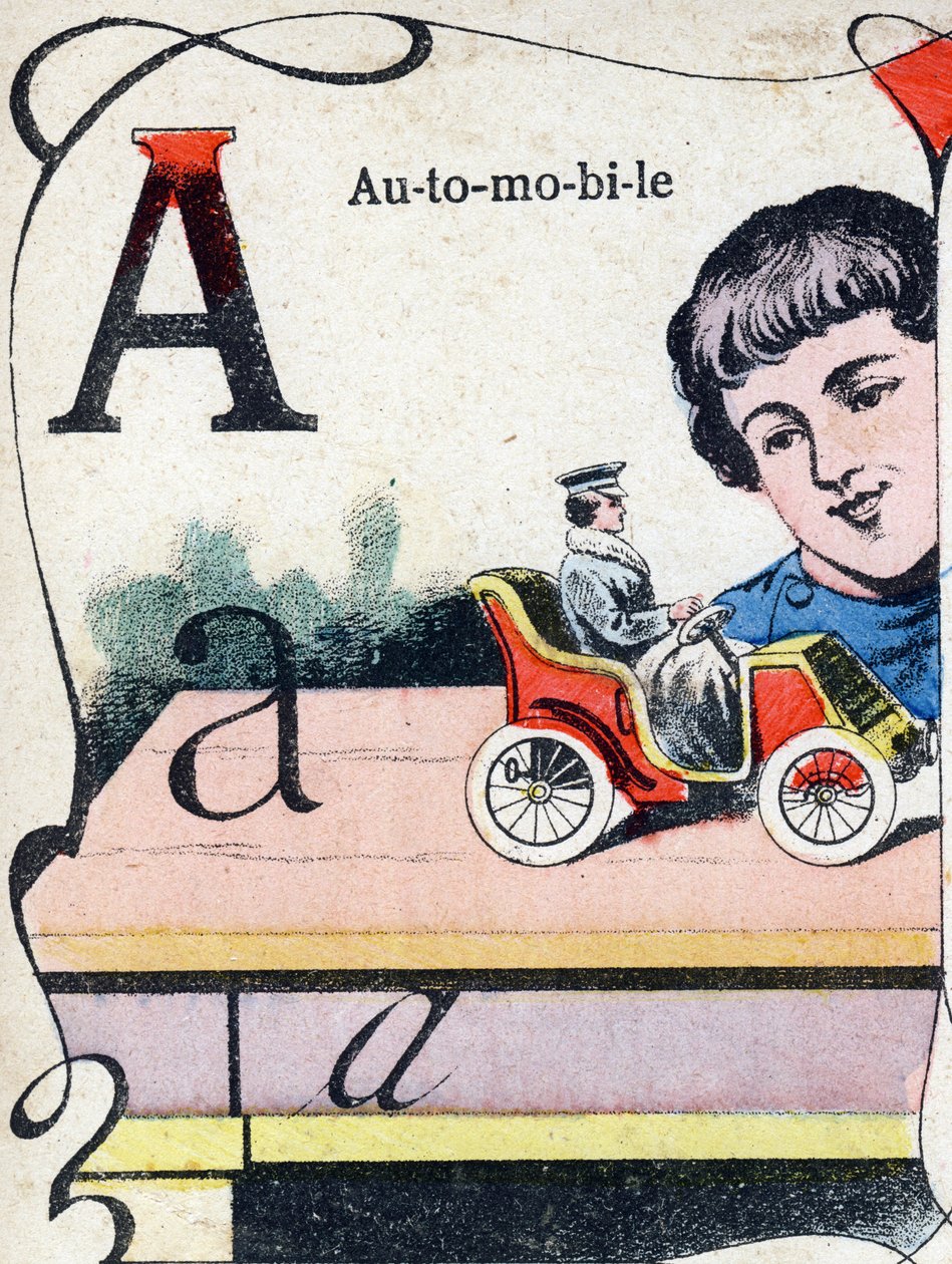 Bokstaven A Bil. Gravyr i "ABC des joux pour petits boys". Avbildning av Pont-a-Mousson, Louis Vagne, tryckare-förlag, sent 1800-tal. Mått: 32,5x25 cm av French School