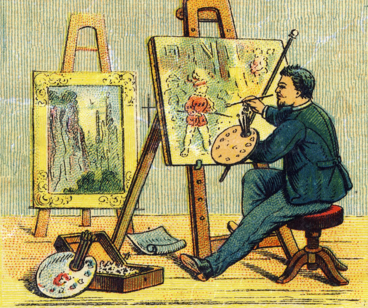 Bokstav A: målare i sin ateljé. Gravyr i "ABC obeställbar på lackerad duk". A. Capendu, redaktör, Paris, sent 1800-tal. Barnbokhandel illustrerad. 8 sidor. Mått: 21,5x18cm. av French School