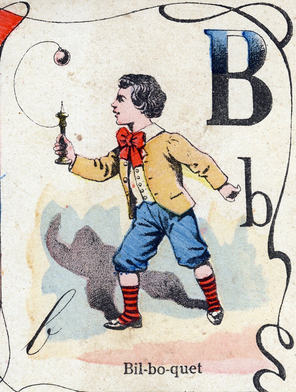 Bokstaven B Bilboquet. Gravyr i "ABC des joux pour petits boys". Avbildning av Pont-a-Mousson, Louis Vagne, tryckare-förlag, sent 1800-tal. Mått: 32,5x25 cm av French School