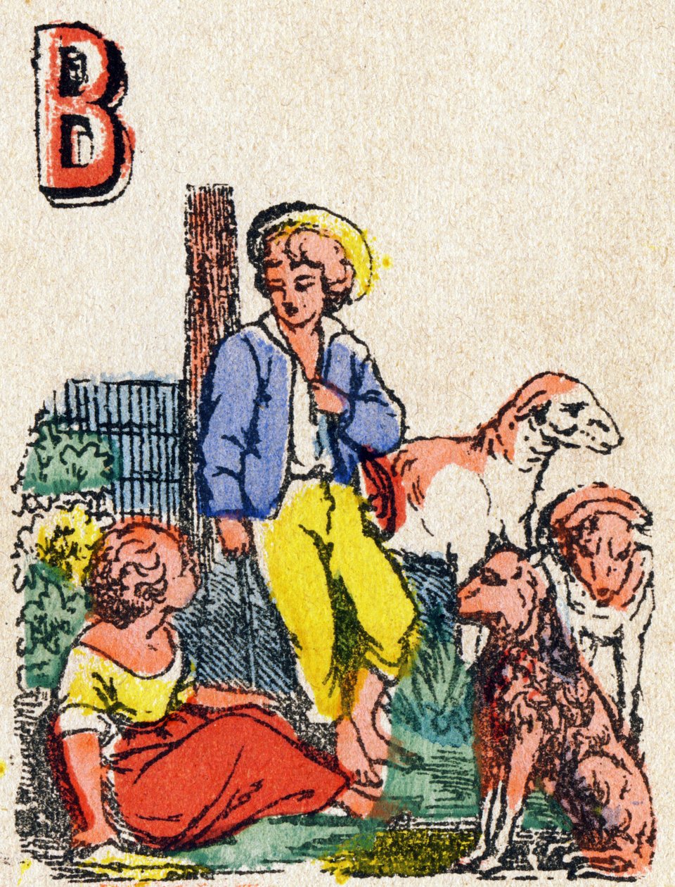 Bokstaven B Herdar. Gravyr i "Alphabet des jeux"". Herr Vagne, redaktör, Pont-a-Mousson, sent 1800-tal. Rosa serie. 12 sidor. Album som innehåller en förenklad läsmetod och en illustrerad abecedary. Mått: 16,5x11 cm av French School