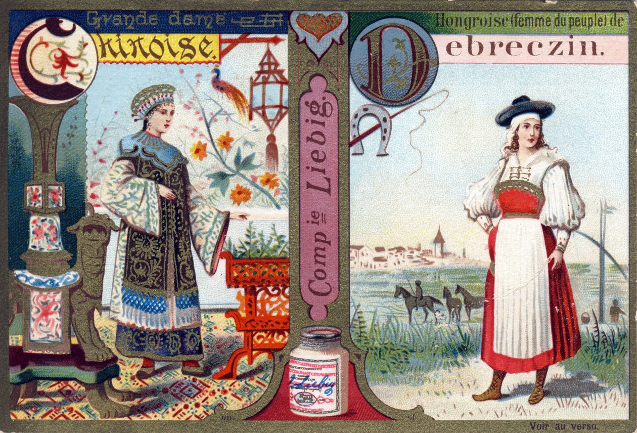 Bokstaven C som Great Chinese Lady och D som ungerska av Debreczin. Kvinnors alfabet. Serie om 12 bilder. Liebig reklam av French School