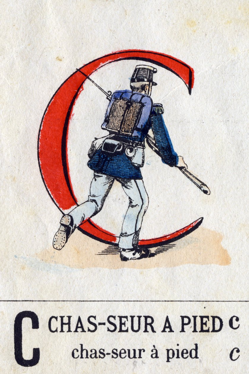 Bokstaven C som fotjägare. Militärt alfabet (ABC eller abecedary). Avbildning av Epinal, cirka 1870-1880). Stencilfärgade träsnitt. Privat samling av French School