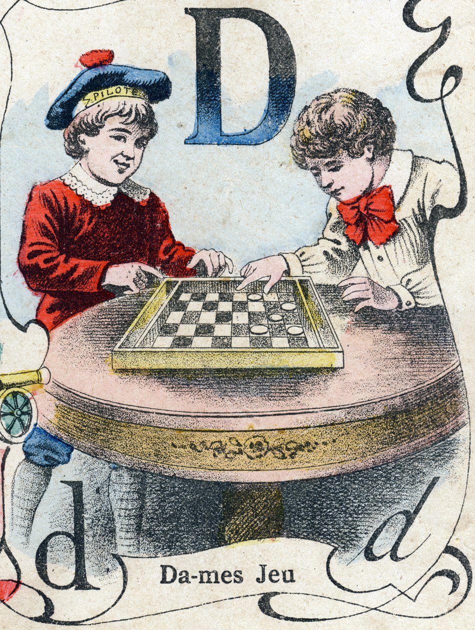 Bokstaven D: Damspel. Gravyr i "ABC des joux pour petits boys". Avbildning av Pont-a-Mousson, Louis Vagne, tryckare-förlag, sent 1800-tal. Mått: 32,5x25 cm av French School