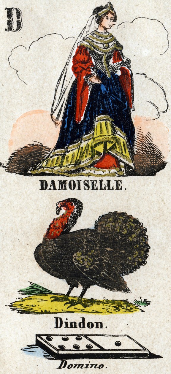 Bokstaven D som damoiselle, kalkon och domino. Litet encyklopediskt alfabet. Avbildning av Epinal, ca 1860. Trästick, stencilerad med förgyllning. Mått: 37,8x50,3cm. Privat samling av French School