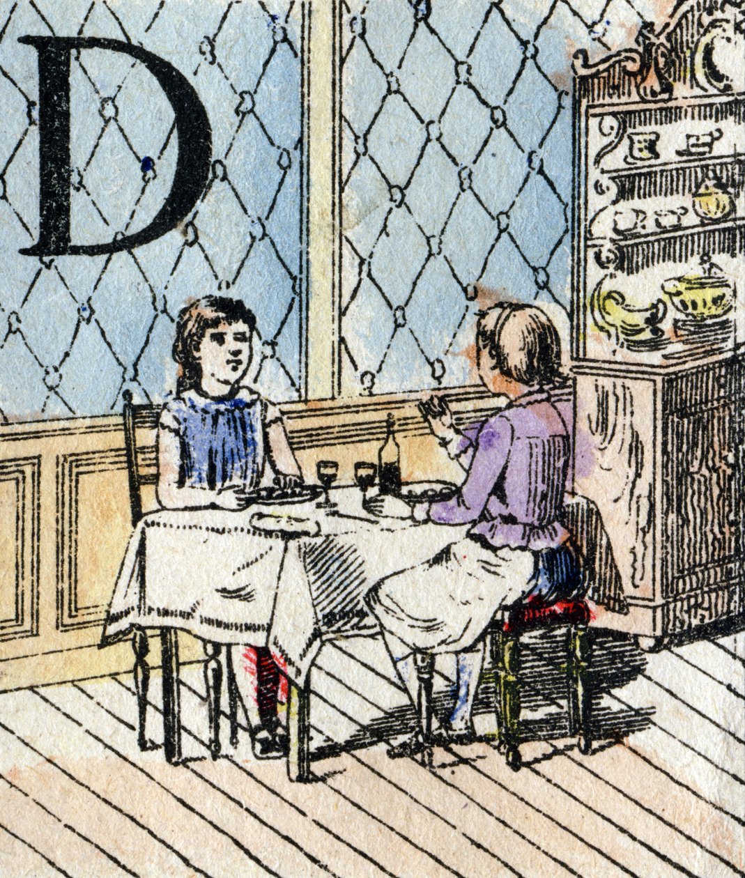Bokstaven D, flicka som spelar dinett. ABC för de små flickorna. Epinal avbildning av French School