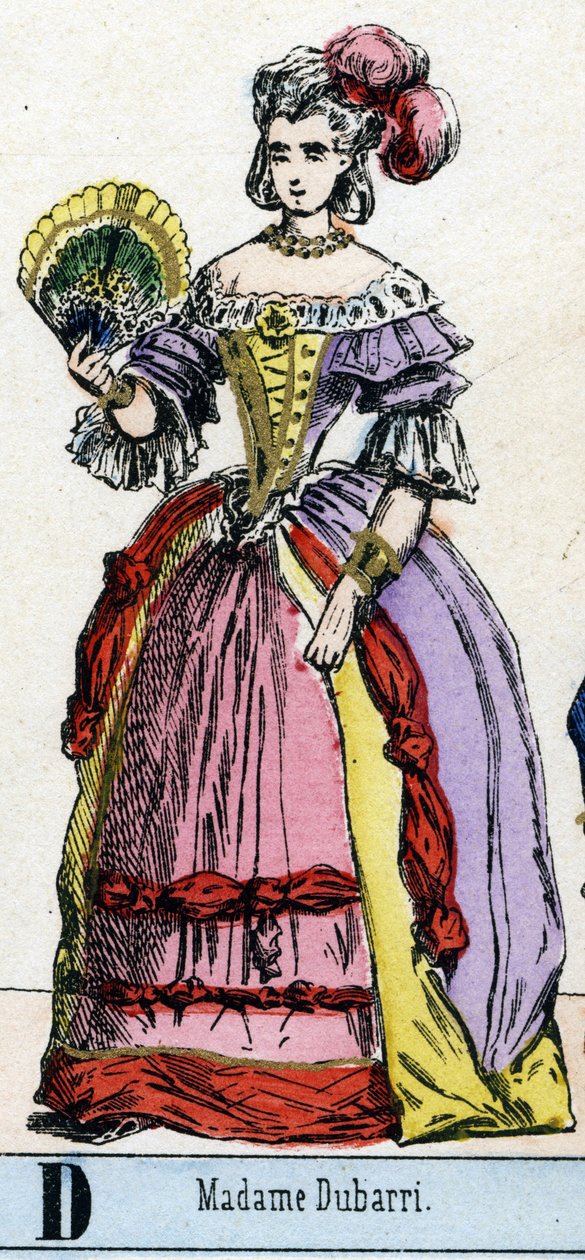 Bokstaven D som Mrs Dubarri. Porträtt av Jeanne Becu, dit de Cantigny, grevinnan du Barry (1743-1793) favorit av Ludvig XV, Frankrikes kung. Abecedariet från Teatermuseet. Avbildning av Epinal, ca 1830. Mått: 37,7x47,5cm. Gravyrer på trä, stencilerade med av French School