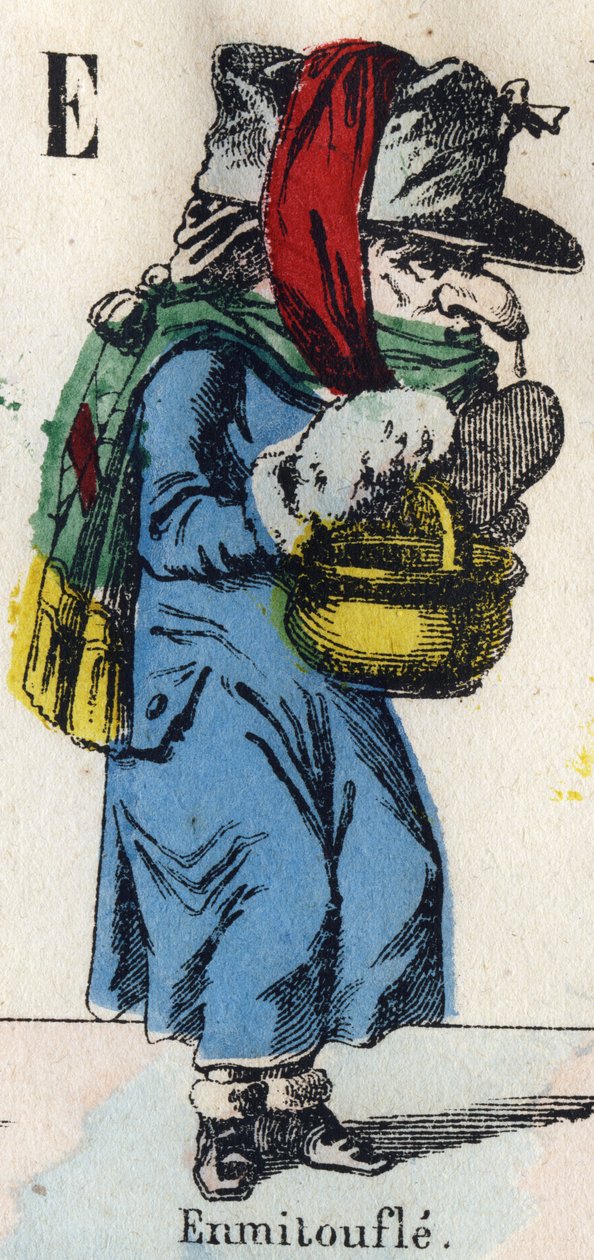 Bokstav E: Wrap (Wrap av päls och tyger för att hålla värmen). Gravyr i "" Comic Alphabet "". Ny Epinal avbildning. Litografi Pinot et Sagaire, redaktörer, mellan 1860 och 1888. Plåt nr 491 med 25 upplysta bokstäver. Mått: 40,5x28cm. Privat samling av French School
