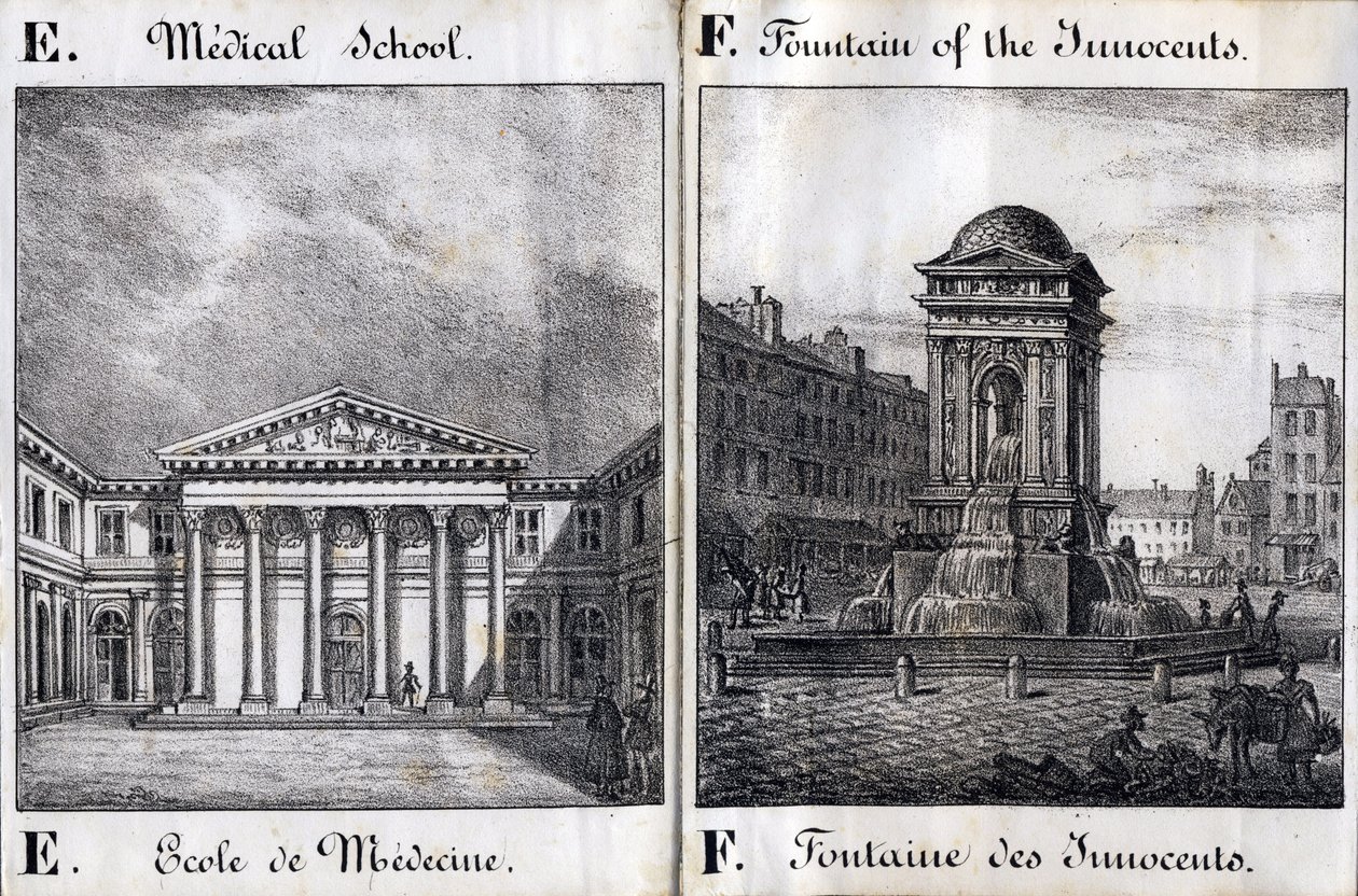 Bokstäver E och F: School of Medicine and the Fountain of the Innocents - "Alphabet Picturesque des Monumens de Paris" c.1840 (gravyr) av French School