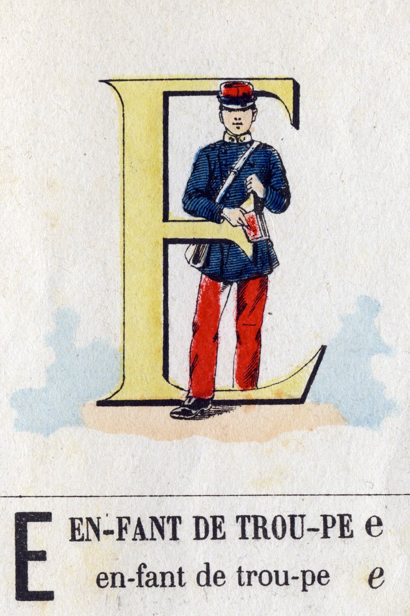 Bokstaven E som truppbarn. Militärt alfabet. Avbildning av Epinal, cirka 1870-1880. Stencilfärgade träsnitt av French School