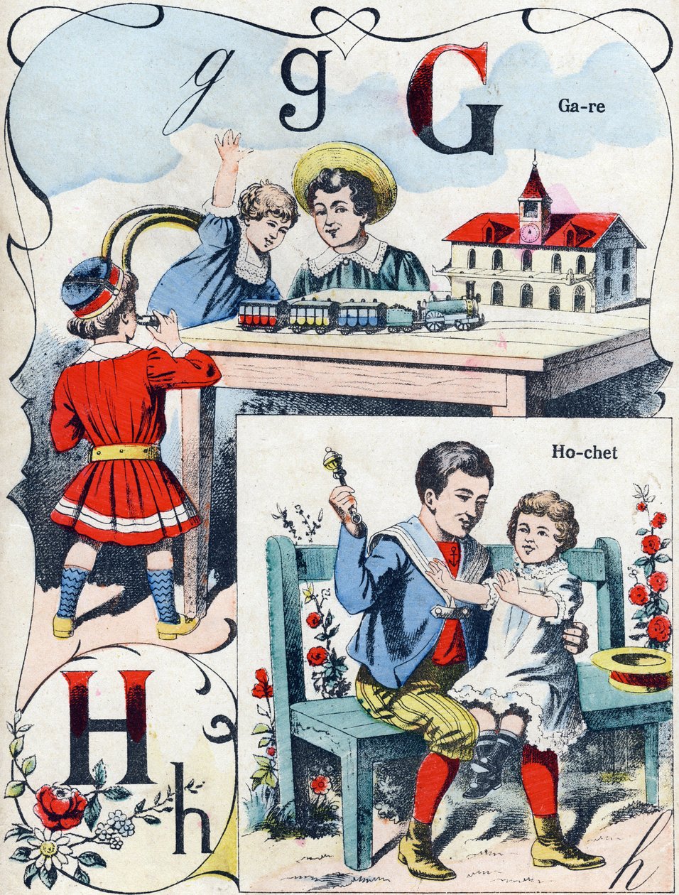 Bokstaven G H: station och skallra. Gravyr i "ABC des joux pour petits boys". Avbildning av Pont-a-Mousson, Louis Vagne, tryckare-förlag, sent 1800-tal. Mått: 32,5x25 cm av French School