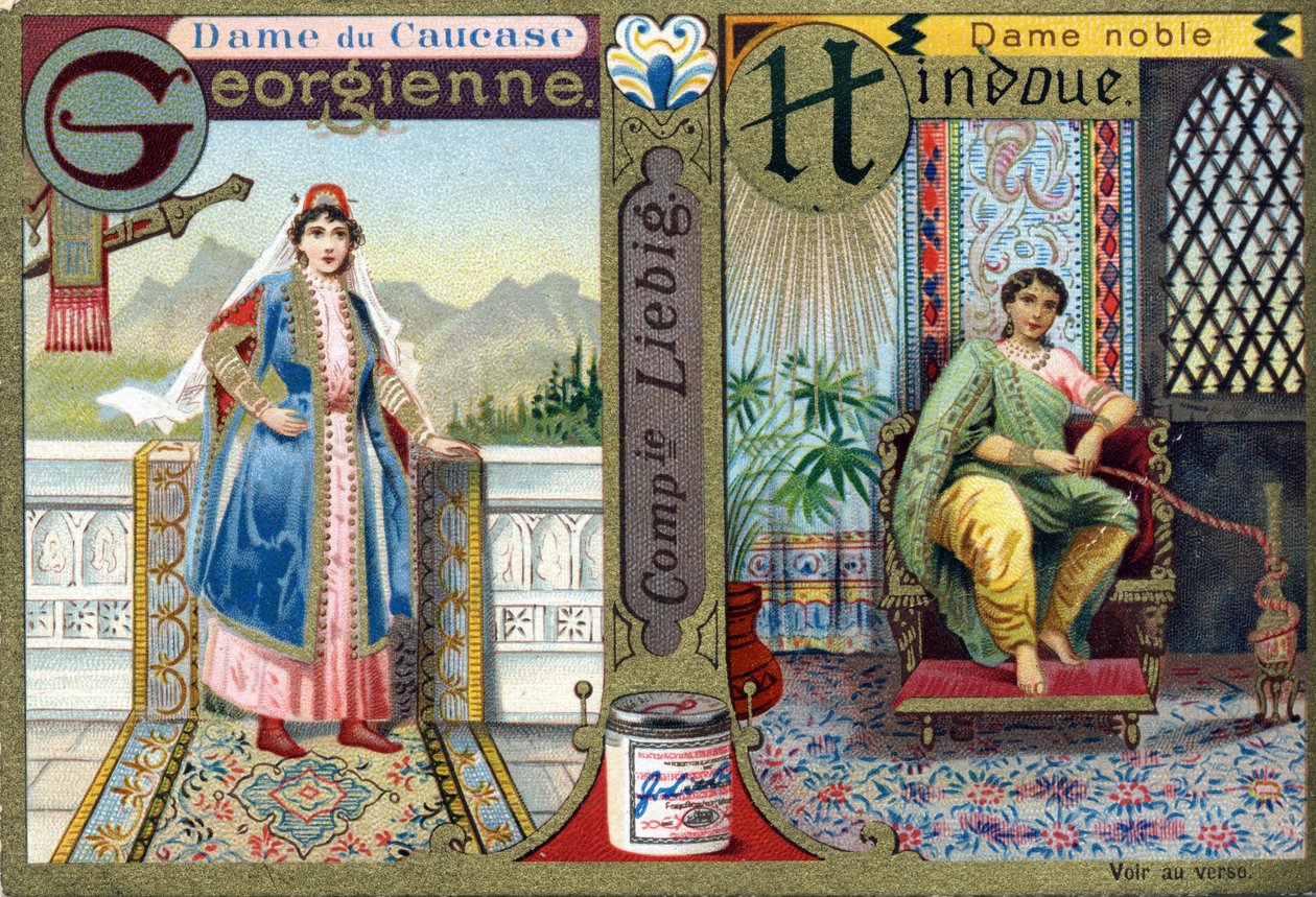 Bokstaven G som Georgian Caucasus Lady och H som Hindu Noble Lady. Kvinnors alfabet. Serie om 12 bilder. Liebig reklam av French School