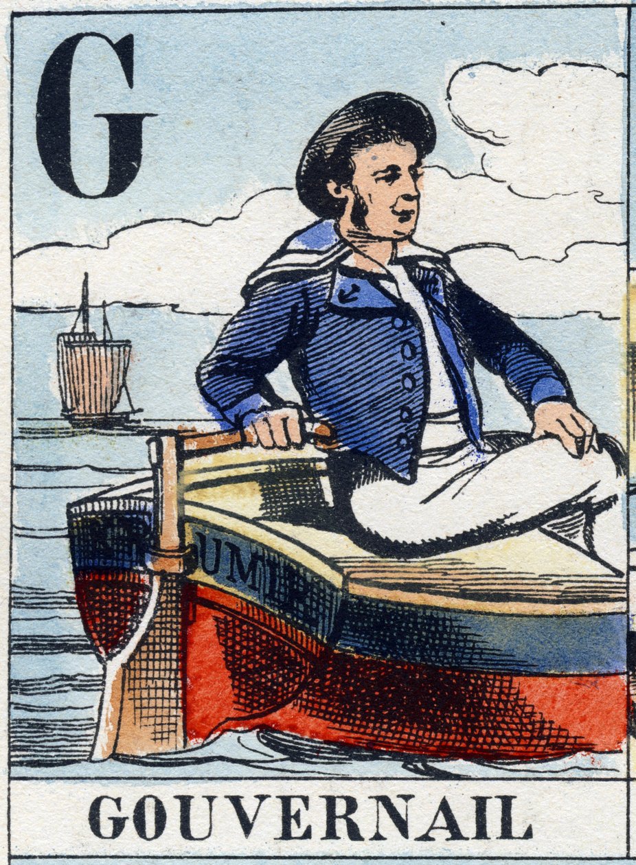 Bokstaven G som roder. Marinblå alfabet. Epinal bild, sent 1800-tal. Stencilfärgad trägravyr av French School