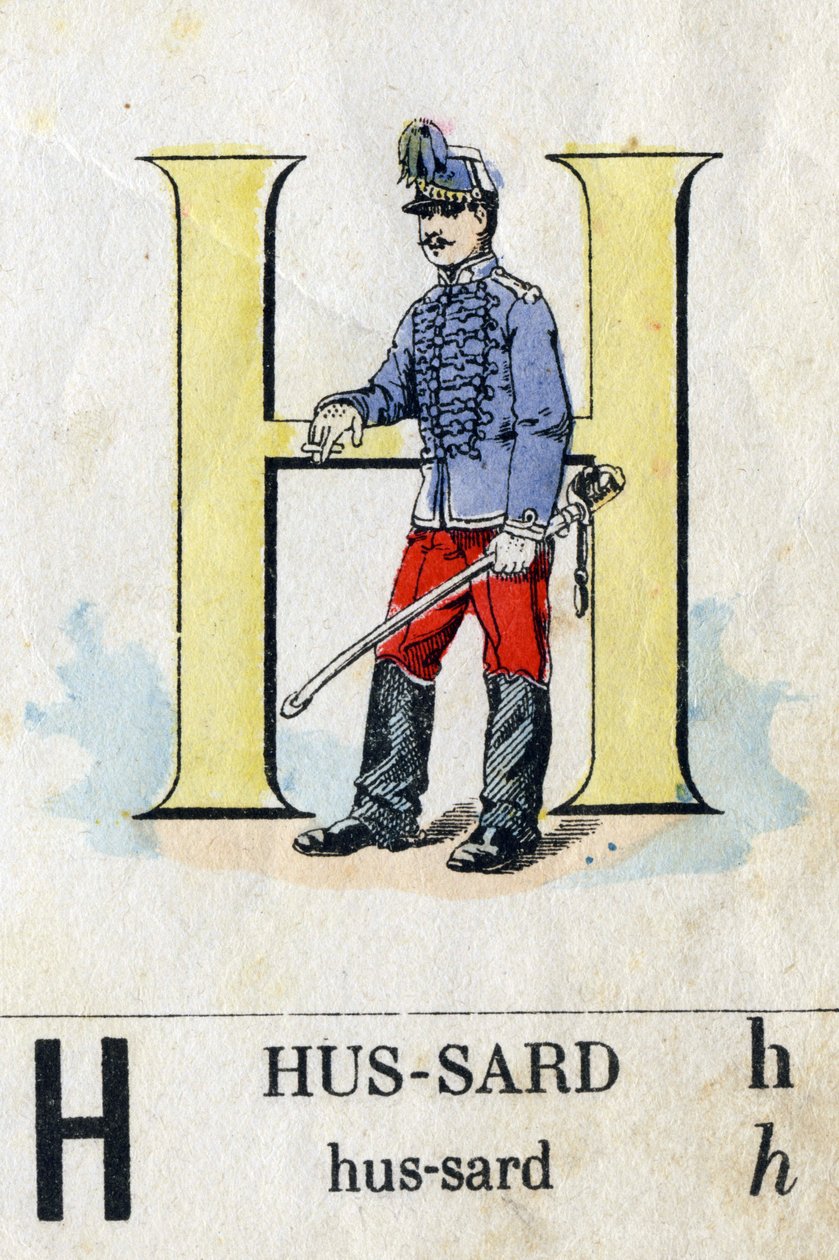 Bokstaven H som hussard. Militärt alfabet. Avbildning av Epinal, cirka 1870-1880. Stencilfärgade träsnitt av French School