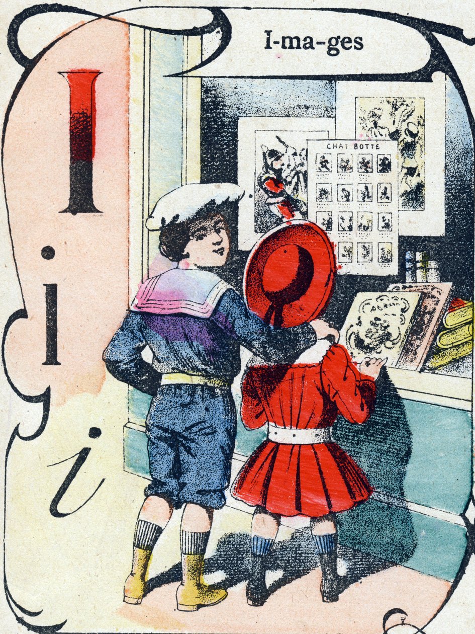 Bokstav I: bilder. Gravyr i "ABC des joux pour petits boys". Avbildning av Pont-a-Mousson, Louis Vagne, tryckare-förlag, sent 1800-tal. Mått: 32,5x25 cm av French School