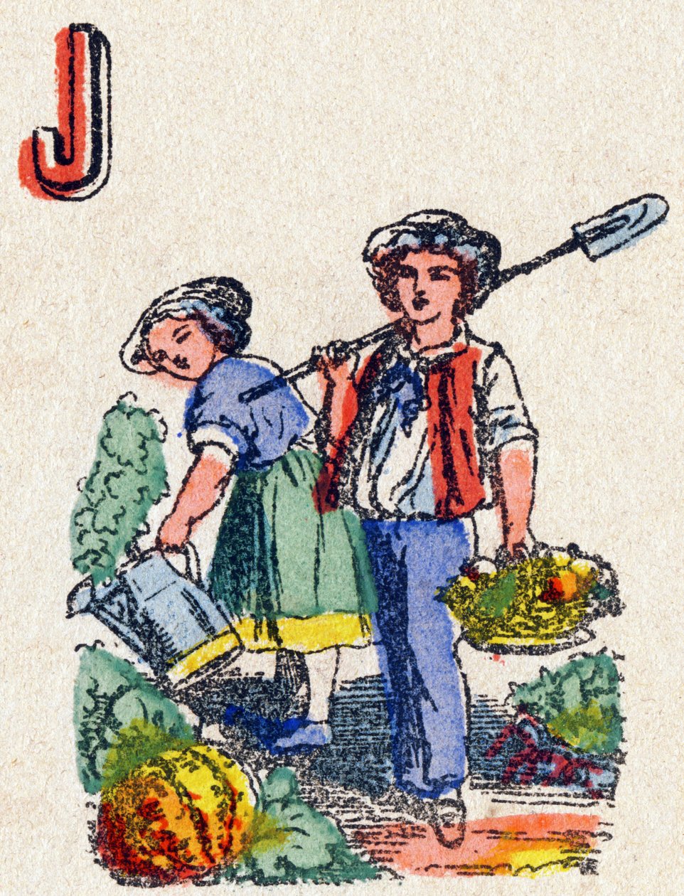Bokstaven J Trädgårdsmästare. Gravyr i "Alphabet des jeux"". Herr Vagne, redaktör, Pont-a-Mousson, sent 1800-tal. Rosa serie. 12 sidor. Album som innehåller en förenklad läsmetod och en illustrerad abecedary. Mått: 16,5x11 cm av French School